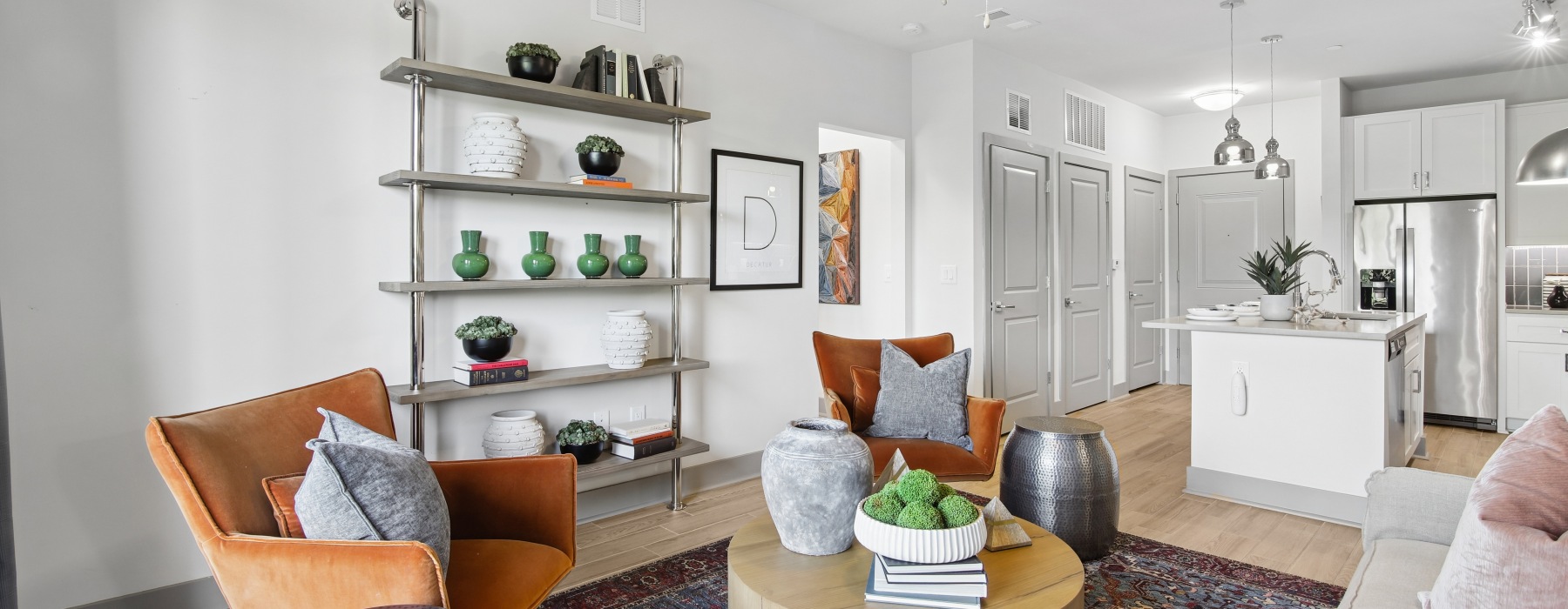 Connect Decatur apartment living room in Decatur, Georgia with bright light and modern finishes