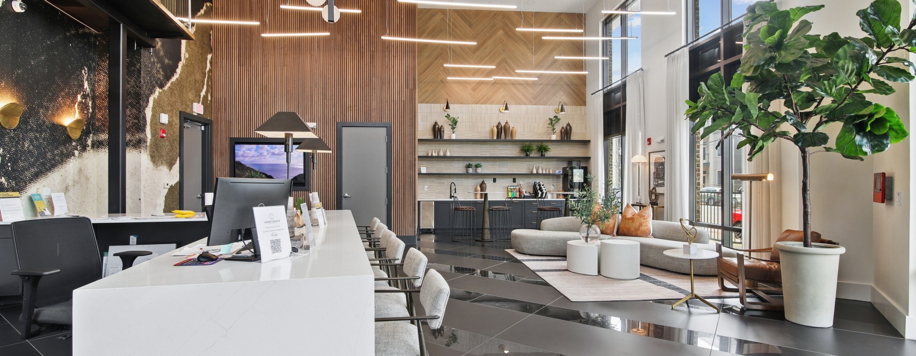 Leasing office at Connect Decatur apartment community in Decatur, GA with modern design and welcoming atmosphere